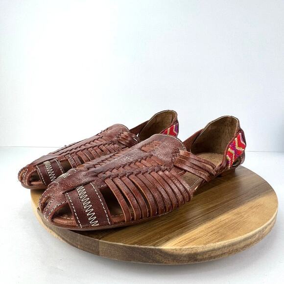 RARAMURI Mexican Beaded Hand Made Leather Woven Cognac Huarache Sandals Size 10 - Picture 3 of 10